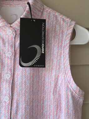 NEW Zero Restriction Women's S Tae Sleeveless Golf Polo Pink & Blue Pattern